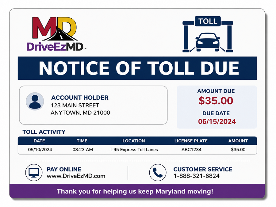A Notice of Toll Due is mailed to the registered owner of the vehicle and must be paid within 30 days.